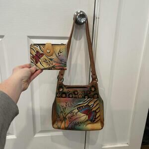 Anuschka Hand Painted Leather Bag Purse Matching Wallet Butterfly Colorful